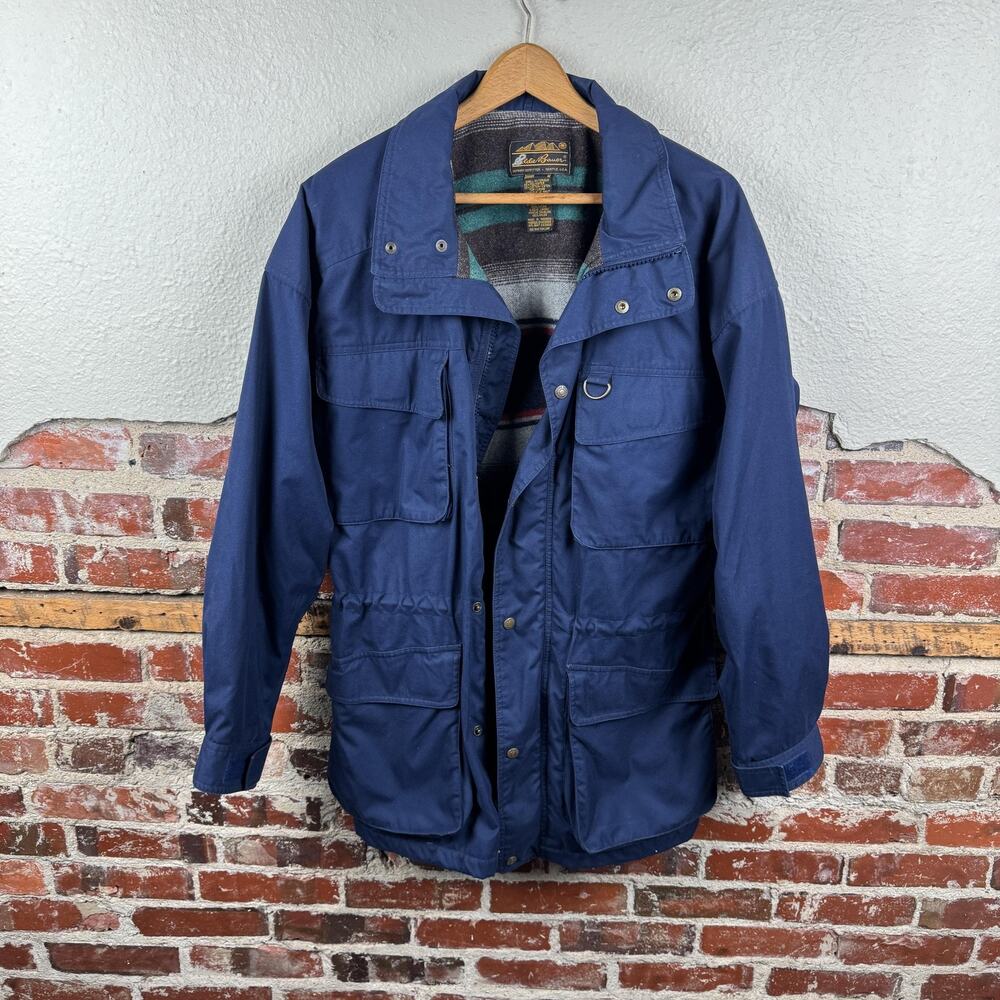 Vintage Eddie Bauer Jacket Mens Medium Blue Wool Blanket Lined Field Coat 90s
